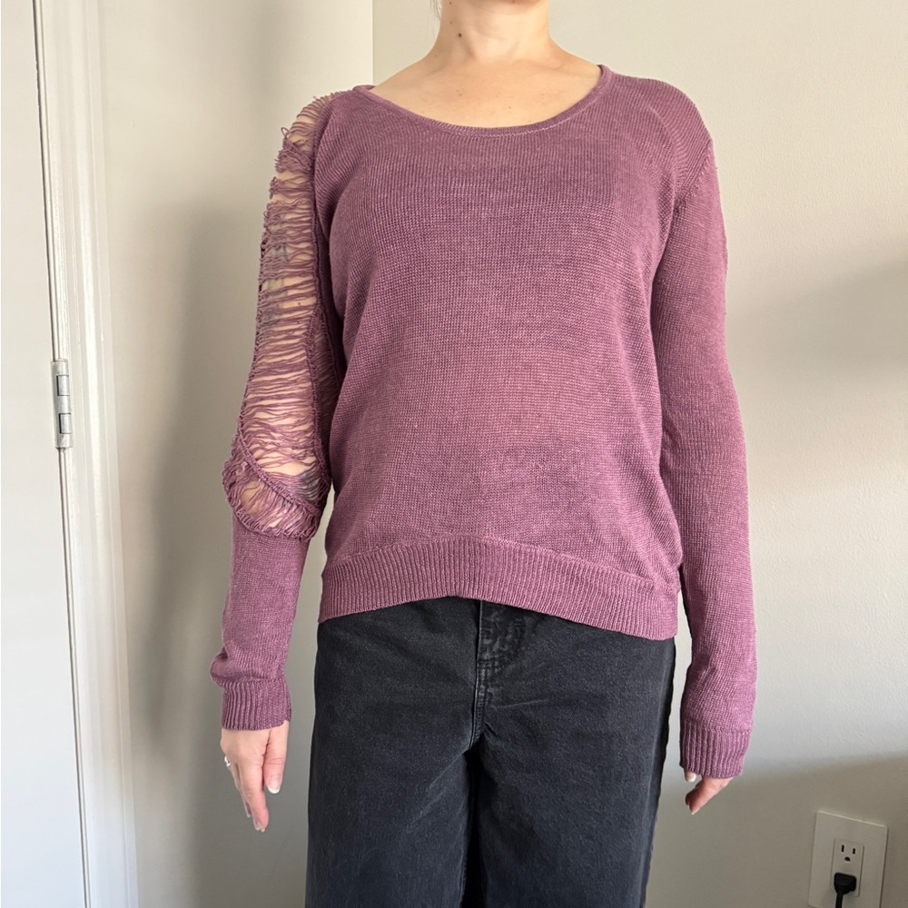 Helmut Lang Mauve Sweater with Fringe Sleeve Detail, size Small